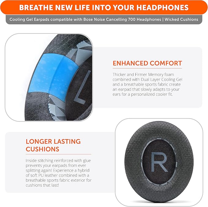 WC Freeze NC700 - Cooling Gel Ear Pads for Bose Noise Canceling 700 Headphones | Breathable Sports Fabric, Cooling Gel, Extra Thick & Cooler for Longer | Geo Grey