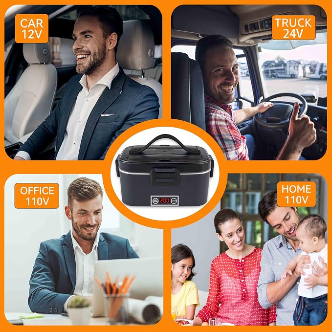 Nifogo Electric Lunch Box for Adults 100W with Temperature Display Heated Lunch Box for Men 1.8L Stainless Steel Container with Bag 12V/24V/110V for Car/Truck/Work