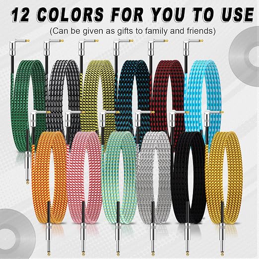 Rigibright 12 Pack 10FT Instrument Cable - Guitar, Bass, Keyboard, Microphone & Mixer Amp Cord (12, Multicolored-Series A)