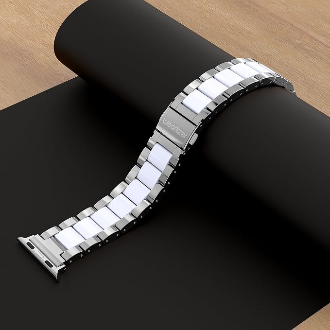 Wearlizer Silver Compatible with Apple Watch Band 38/40/41/42mm, Fashion Womens Men Stainless Steel Strap White Resin Wristband Replacement Metal iWatch Series 11 10 9 8 7 6 5 4 3 SE/Ultra 3 2 1