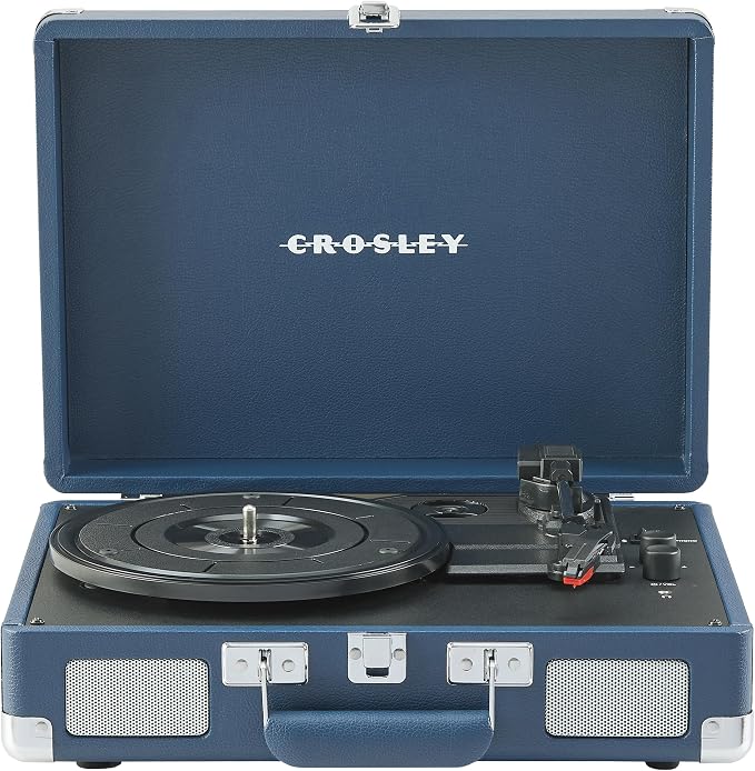 Crosley CR8005F-IB Cruiser Plus Vintage 3-Speed Bluetooth in/Out Suitcase Vinyl Record Player Turntable with Built-in Speakers, Ink Blue