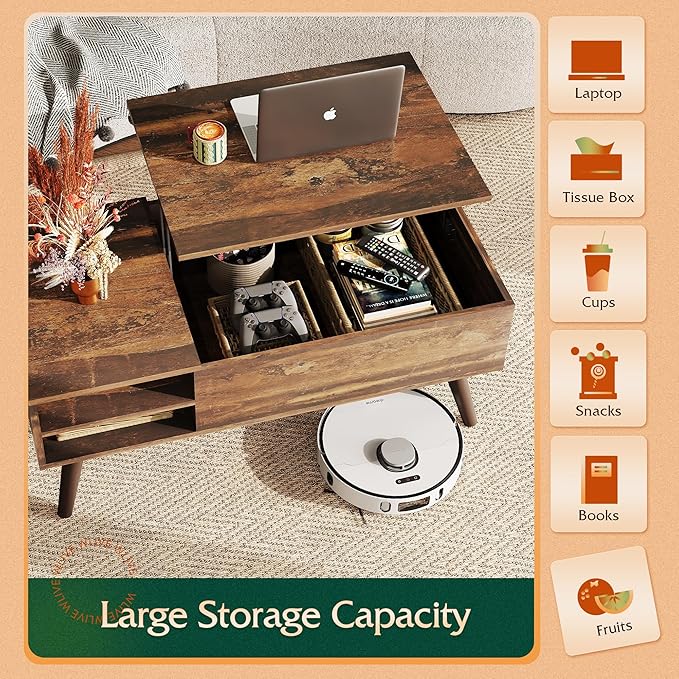 WLIVE Lift Top Coffee Table +Automatic Trash Can for Living Room, Small Coffee Table with Storage, Adjustable Shelf and Storage Compartment, Motion Sensor Trash Can for Living Room