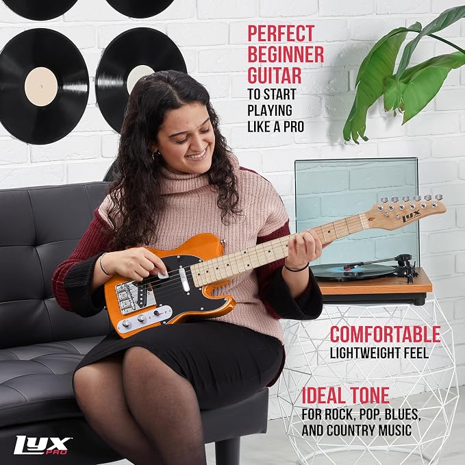 LyxPro 30” Electric Guitar TL Series, Full-Size Paulownia Wood Body, 3-Ply Pickguard, C-Shape Neck, Ashtray Bridge, Quality Gear Tuners, 3-Way Switch & Volume/Tone Controls, 2 Picks Included, Mahogany