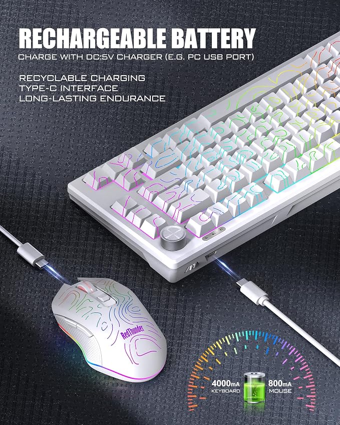 RedThunder K75 Wireless Keyboard and Mouse Combo,75% Membrane Side-Engraved Keyboard,Optical Gaming Mouse with 4800DPI,3 Modes(BT/2.4G/Wired),Dual System,RGB Backlit,Rechargeable Battery,Contour White