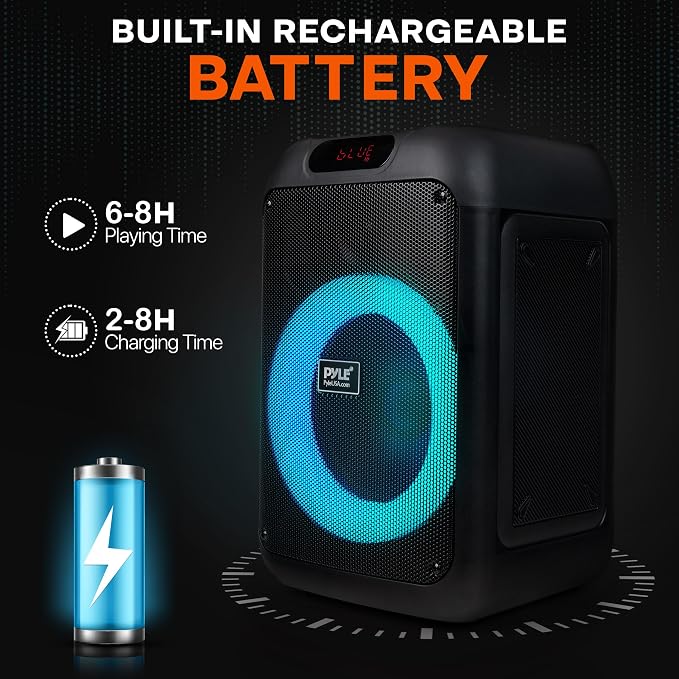 Pyle 100W Bluetooth Karaoke PA Speaker with 8 Inch Woofer, Echo Bass and Treble Control, USB SD Card FM Radio, Mic Input, LED Lights for Home Events and DJ Use