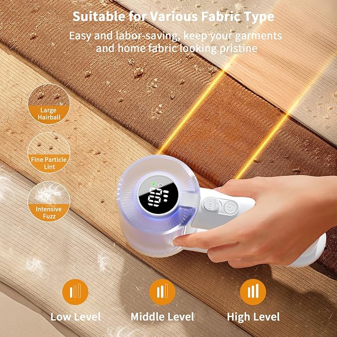 coldSky Fabric Shaver Rechargeable, 2-in-1 Electric Fabric Shaver & Lint Remover, 3-Speed LED Digital Display Sweater Defuzzer for Clothes, Furniture, Couch - Removes Lint, Hairball, Fuzz - White