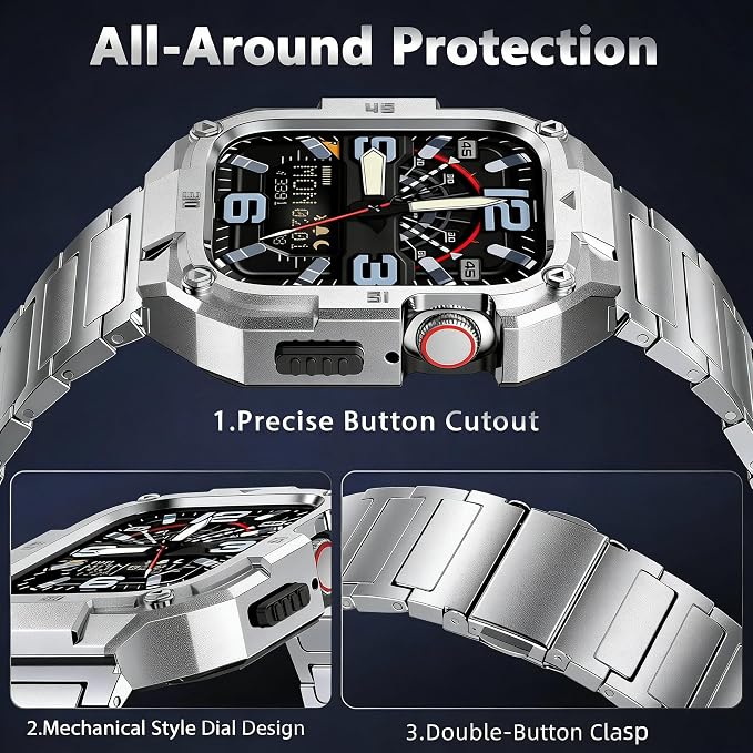 Mechanical Metal Watch Case with Band Compatible with Apple Watch Series 11/10 46mm Band,Rugged Military Stainless Steel Protective Bumper Cover,Tough Business iwatch Band Strap for Men,Titanium