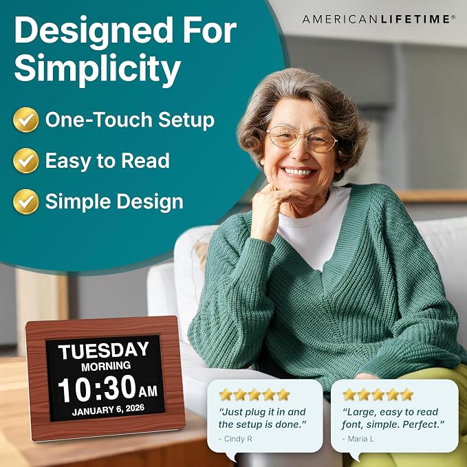 American Lifetime New 2026 Dementia Clock Large Digital Clock for Seniors, Alzeimer Clock Large Display with Custom Alarms, Clock with Day & Date for Elderly, Digital Calendar Premium Brown Wood 12"