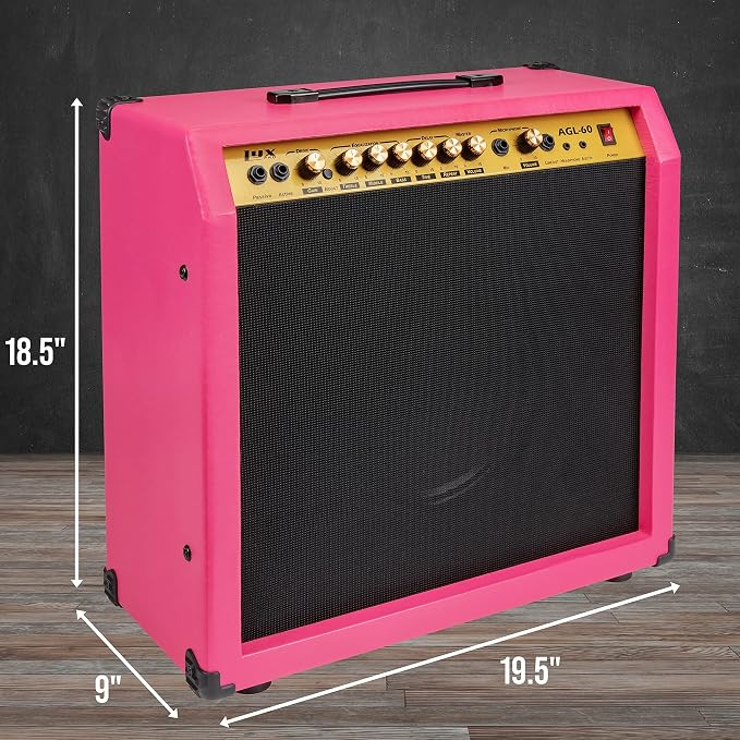 LyxPro 60 Watt Electric Guitar Amplifier | Combo Solid State Studio & Stage Amp with 10” 4-Ohm Speaker, Custom EQ Controls, Drive, Delay, ¼” Passive/Active/Mic Inputs, Aux In & Headphone Jack - Pink