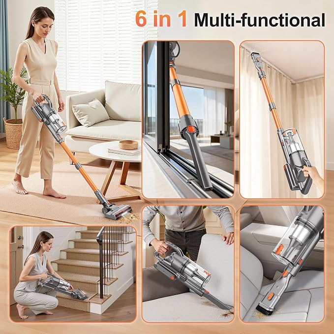 Zefiro Cordless Vacuum Cleaner, 600W 50KPA 55Mins Vacuum Cleaners for Home, Stick Vacuum with LED Display, Anti-Tangle, Wall Mount, Lightweight, Rechargeable Wireless Vacumm for Pet Hair (Orange)