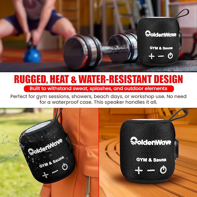 Golden Wave Waterproof Bluetooth Speaker - Portable Sauna Speaker, Heat Resistant to 149°F for Sauna, Gym, Beach, Shower & Outdoor Use (Black)