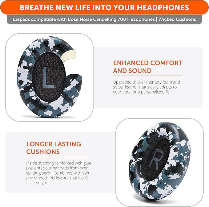 WC Wicked Cushions Upgraded Replacement Ear Pads for Bose 700 Noise Cancelling Headphones (NC700) - Softer PU Leather, Luxurious Memory Foam, Added Thickness, Extra Durable Ear Cushions | Snow Camo