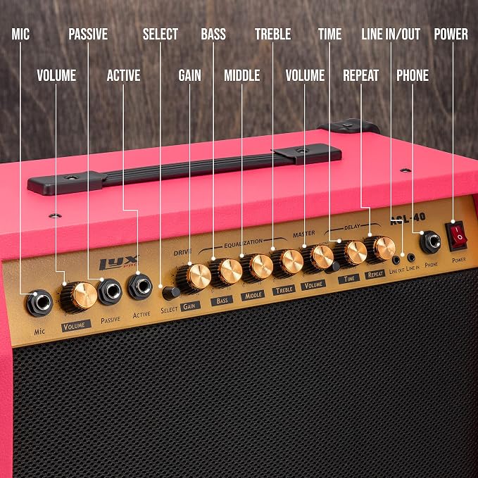 LyxPro 40 Watt Electric Guitar Amplifier | Combo Solid State Studio Amp with 8” 4-Ohm Speaker, Custom EQ Controls, Drive, Delay, ¼” Passive/Active/Microphone Inputs, Aux In & Headphone Jack - Pink