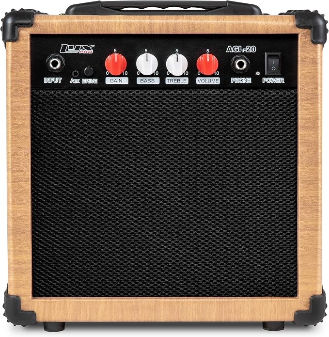 LyxPro Electric Guitar Amp 20 Watt Amplifier Built In Speaker Headphone Jack And Aux Input Includes Gain Bass Treble Volume And Grind - Natural