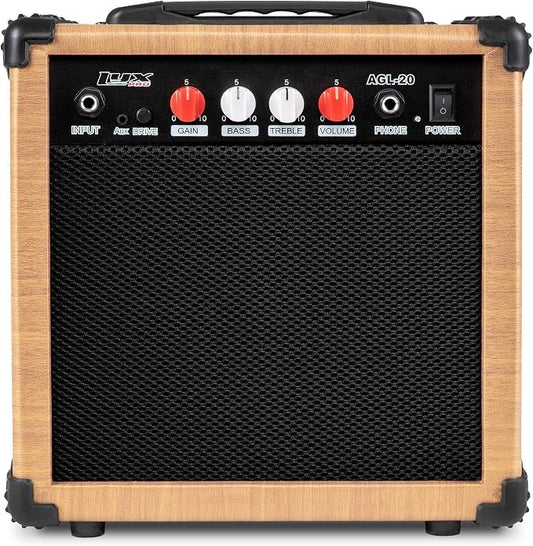 LyxPro Electric Guitar Amp 20 Watt Amplifier Built In Speaker Headphone Jack And Aux Input Includes Gain Bass Treble Volume And Grind - Natural