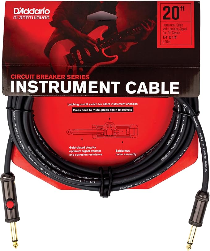 D'Addario Guitar Cable - Guitar Lead - Circuit Breaker Cable - Latching Cut-Off Switch to Mute When Changing Instrument - 20 Feet/7.62 Meters - Straight Ends - 1 Pack