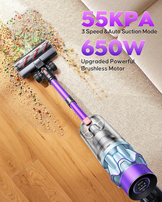 Cordless Vacuum Cleaner 70min/650W/55KPA, Self-Standing Vacuum Cleaners for Home with 3.3Ft Hose & Auto Mode, Wall Mount Charging, Stick Vacuums with Fragrance, Dust-Scraper for Hardwood Floor/Car/Pet