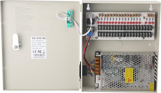 EVERSECU 18 Channel DC12V 20 Amp Reset Fuse CCTV DC Distributed Power Box with AC Plug and Lock for Security Cameras, DVRs, CCTV Power Supply