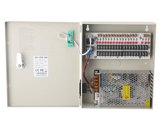 EVERSECU 18 Channel DC12V 10 Amp Reset Fuse CCTV DC Distributed Power Box with AC Plug and Lock for Security Cameras, DVRs, CCTV Power Supply