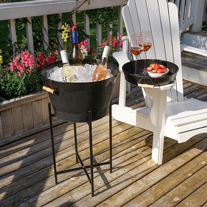 Twine Black Beverage Tub with Collapsible Stand, Large Metal Bucket and Tray, Ice Drink Buckets with Acacia Wood Handles for Parties, 3-Piece Set