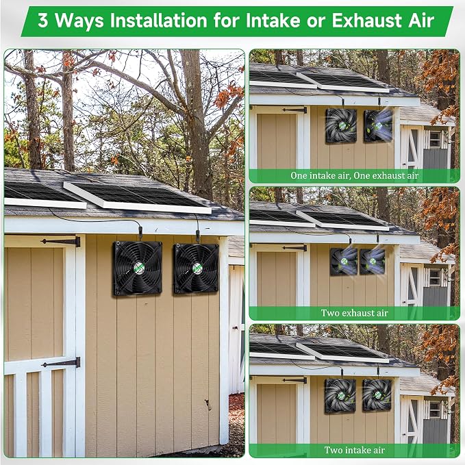 blessny 7.1" Solar 2 Fan Kit for Intake or Exhaust air, Weatherproofed 50W Solar Powered Fans for Outside Chicken Coops, Greenhouses, Shed, Pet House Air Ventilation
