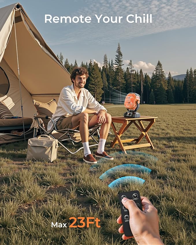 Portable Camping Fan, Misting Desk Fan with Remote, 360ML Water Tank, 16000mAh, 5 Speeds, Timer, 18-70 Working Hours, Battery Operated Fan for RV Camp Hurricane Emergency Orange