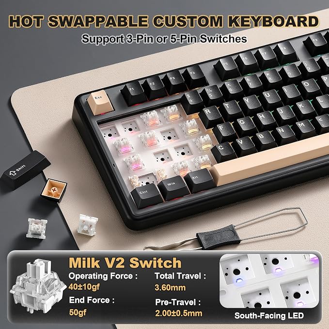 YUNZII B98 PRO QMK/VIA Wireless Mechanical Gaming Keyboard,96% Layout with Numpad and Cute Cat Knob, BT/2.4G/USB-C,Linear Switch Hot Swap Gasket,RGB for Win/Mac (Black, Milk V2 Linear Switch)