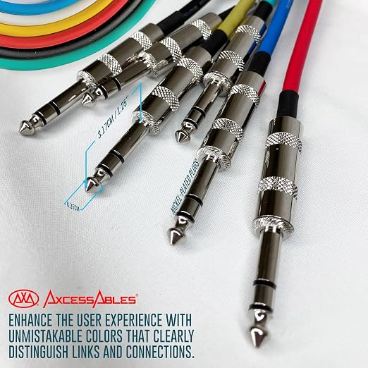 1/4-Inch TRS (Stereo) Multi-Colored Balanced Patch Cables Metal Connectors (6 Pack)