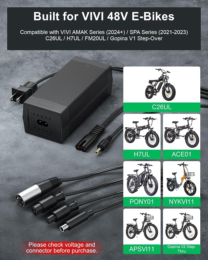54.6V 2A Charger Compatible with VIVI E-Bikes, 5 Connector Tips | 5 tips and 8.2 ft total cable; ETL Listed and SGS Certified. Confirm 54.6V output, model and charging port before purchase.