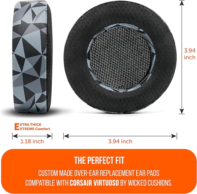 WC Freeze Virtuoso - Hybrid Fabric Cooling Gel Replacement Earpads for Corsair Virtuoso Gaming Headset, Made by Wicked Cushions, Improved Durability, Thickness and Sound Isolation | Geo Grey