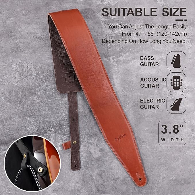 Nefelibata 3.8" Wide Guitar Strap, Full Grain Italian Leather Adjustable Guitar Straps with Foam Padding for Bass, Electric, and Acoustic Guitars