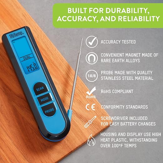 Taylor TruTemp Dual Instant Read Infrared Meat and Food Thermometer, Digital for Cooking, IPX5 Splash Proof Design, Plus Meat Probe for BBQ, Kitchen, Smoker, and Grilling, Blue