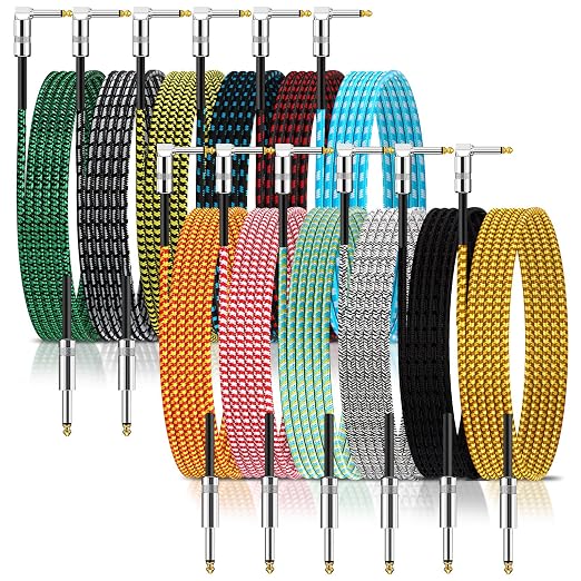 Rigibright 12 Pack 10FT Instrument Cable - Guitar, Bass, Keyboard, Microphone & Mixer Amp Cord (12, Multicolored-Series A)