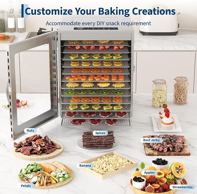 12-Tray Food Dehydrator, Stainless Steel Single Door Electric Dehydrator with 12 Stainless Steel Trays, Large Drying Capacity, Adjustable Temperature Control, 48H Timer, for Jerky, Fruits, Vege