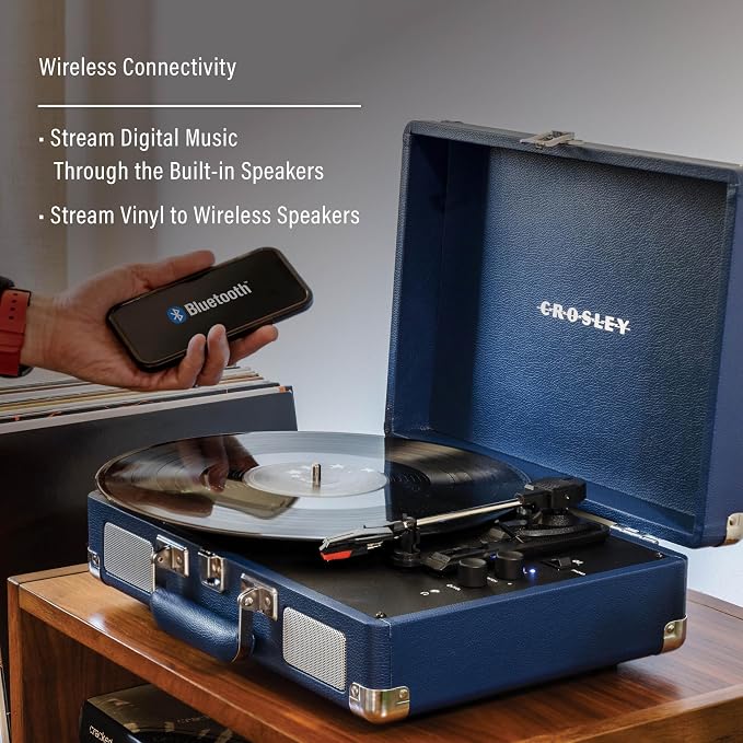 Crosley CR8005F-IB Cruiser Plus Vintage 3-Speed Bluetooth in/Out Suitcase Vinyl Record Player Turntable with Built-in Speakers, Ink Blue