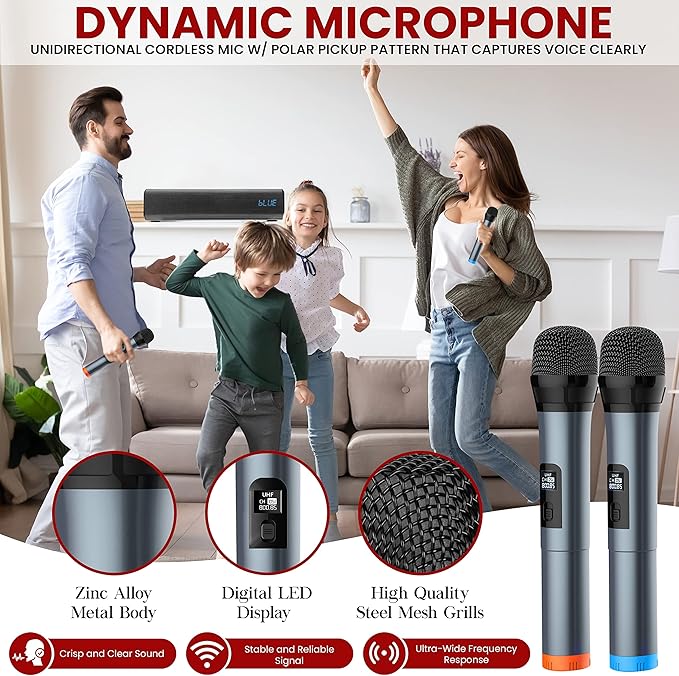 Pyle Wireless Soundbar with Mic and Remote Control, 10 inches 20W 2 Wireless Microphones, 5.0, A2DP, AVRCP Bluetooth Karaoke Sound System, USB, AUX-in, AUX Out,Black