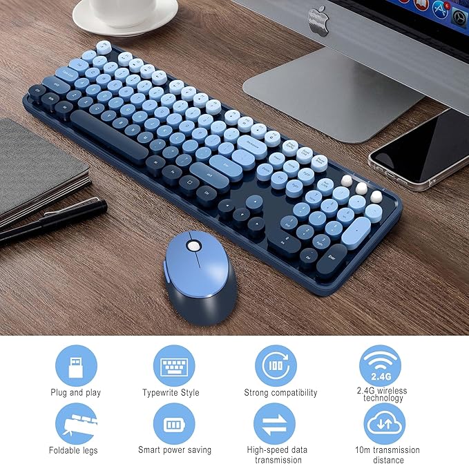 Kootop Wireless Keyboard and Mouse Combo, Cute Colorful 104 Keys Typewriter Retro Round Keycaps Keyboard for PC Laptop,Desktop,Windows, Home and Office Keyboards(Blue)