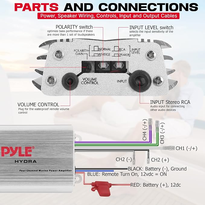 Pyle 400W 4-Channel Hydra Marine Micro Amplifier - Waterproof - RCA Input - 3.5mm Jack - MP3 - Soft Turn On/Off - Volume Gain Level Remote Control - Power Protection - PLMRMP3A