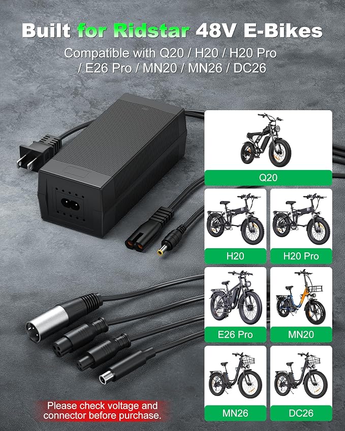 VHBW 54.6V 2A Charger Compatible with Ridstar E-Bikes, 5 Tips | Compatible with Ridstar Q20 / H20 / H20 Pro / E26 Pro / MN26 / DC26