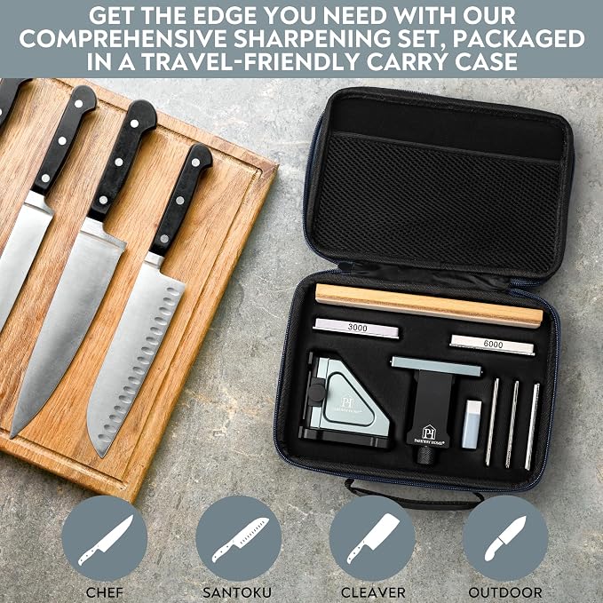 PATENTED ORIGINAL ADJUSTABLE ROLLING KNIFE SHARPENER KIT: Adjustable Height, 30 Angle Options, 5 Removeable Whetstone Plates, Leather Strop with Travel Case - Kitchen Knife Sharpener
