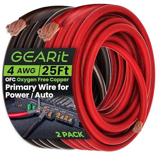 GEARit 4 Gauge OFC Wire 25 ft Black Red Set, 4 AWG Battery Cable, 4 AWG Wire OFC Oxygen-Free Copper Power Ground Wire for Car Audio Amp, RV, Marine