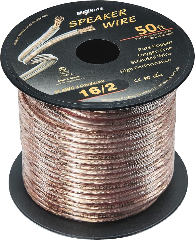 50 ft. Spool High Performance 16 Gauge Speaker Wire, Oxygen Free Pure Copper - UL Listed Class 2