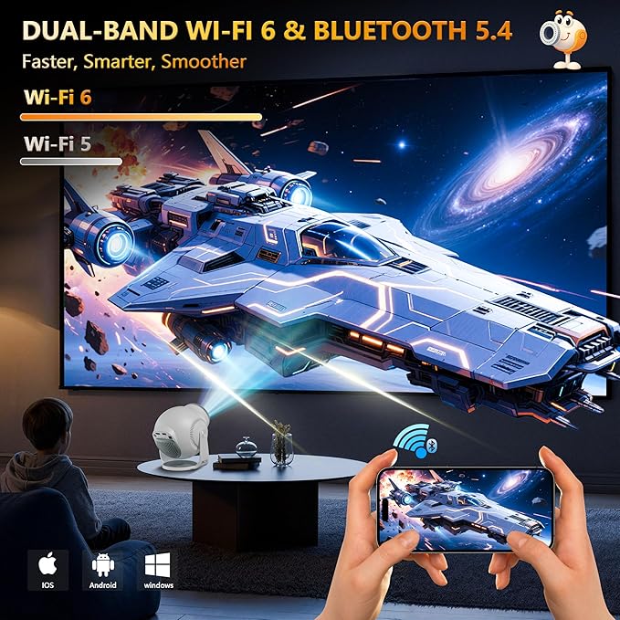 【8K Video Decode / Android 14.0】Mini Smart Projector with WiFi 6 and Bluetooth 5.4, 450 ANSI Support 4K 1080P, Portable Outdoor Movie Projectors, Auto Keystone Correction, 270° Rotatable Proyector