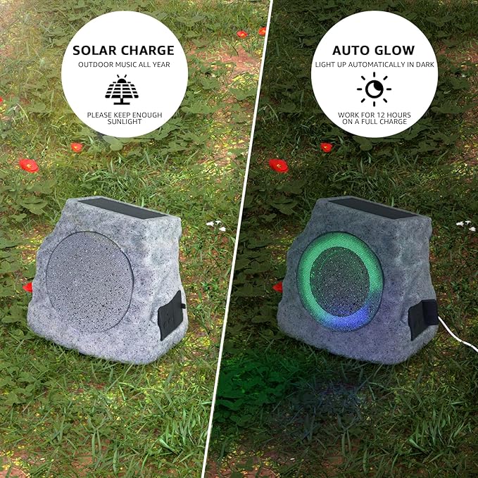 2-Pack Solar Powered Rock Speakers Outdoor Water-Resistant with 3 Mode Lights and Pair Function USB Rechargeable for Patio Garden Party Pool Outside(Two)
