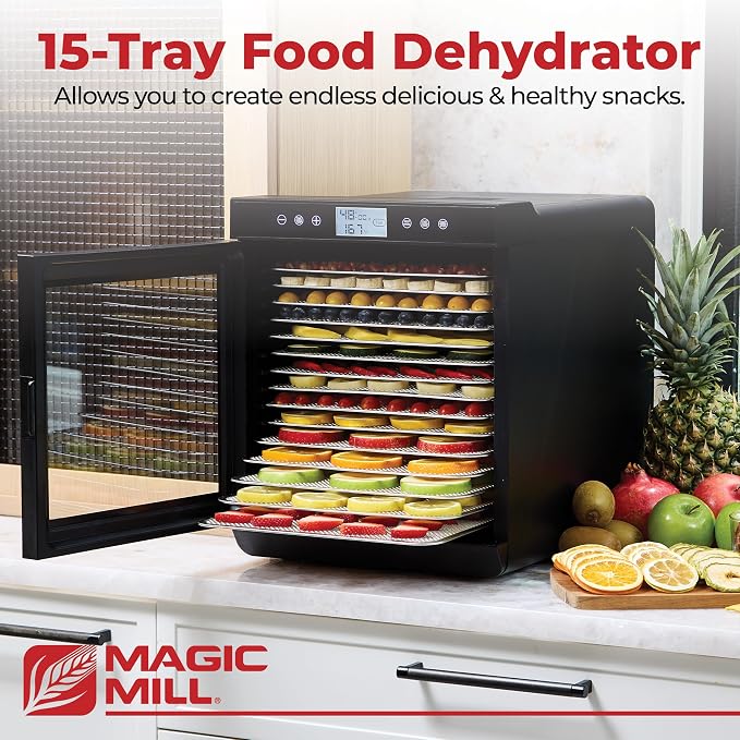 Magic Mill Premium Food Dehydrator Machine (15 Extra-Large Stainless Steel Trays) 800W Dryer for Beef Jerky, Fruits, Vegetables, Dog Treats, 48 Hour Digital Timer - 95°-167° Temperature Control