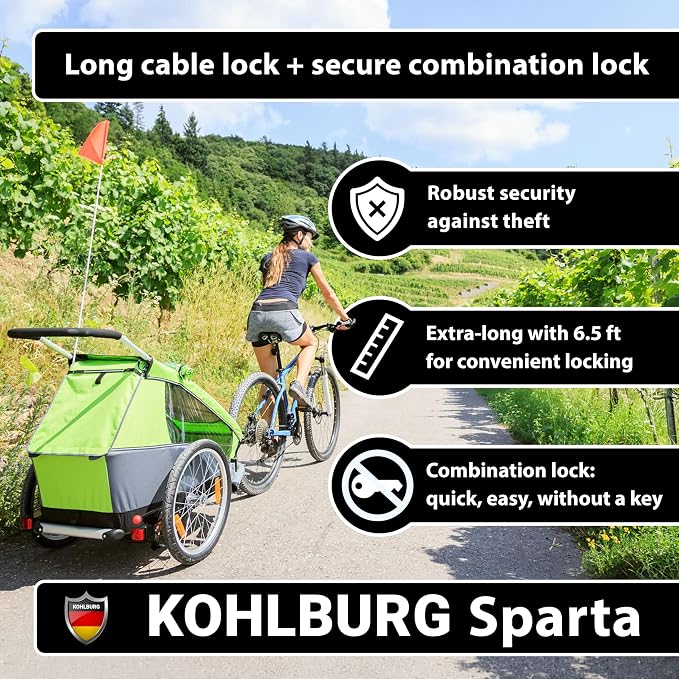 KOHLBURG Cable Lock 6.5ft / 2 Meter Long with Code – 79” / 200cm Combination Lock – Steel Cable Lock with Hook & Loop Straps – Steel Cable with Number Padlock for Bicycle, Garden Furniture & Bike Lock