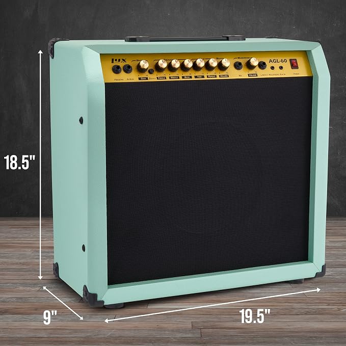 LyxPro 60 Watt Electric Guitar Amplifier | Combo Solid State Studio & Stage Amp with 10” 4-Ohm Speaker, Custom EQ Controls, Drive, Delay, ¼” Passive/Active/Mic Inputs, Aux In & Headphone Jack - Green