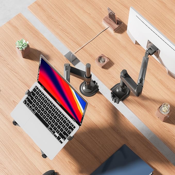 NB ERGONOMIC Laptop Mount with Adjustable Tray for 10-17” Notebook, Full Motion Arm with VESA Plate for 17-30” Monitor (Within 4.4~19.8lbs),Clamp-on Grommet Mounting H100-FP