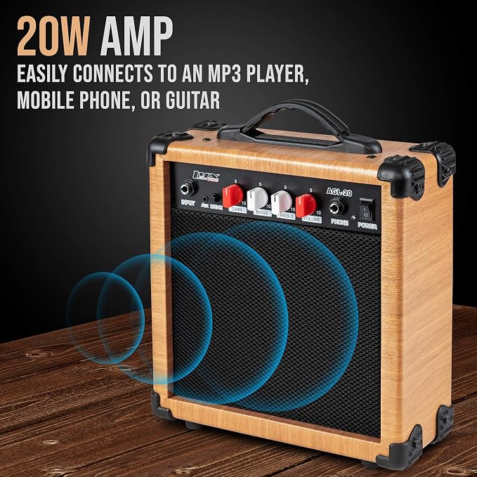 LyxPro Electric Guitar Amp 20 Watt Amplifier Built In Speaker Headphone Jack And Aux Input Includes Gain Bass Treble Volume And Grind - Natural