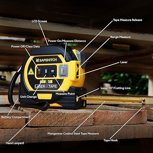 Laser Tape Measure 3-in-1 with Large LCD Display | Digital Laser Measurement Tool in/ft/m Scales up to 131ft/40M with calculations | Tape Measure 16ft/5M and Cross Line Laser Yellow